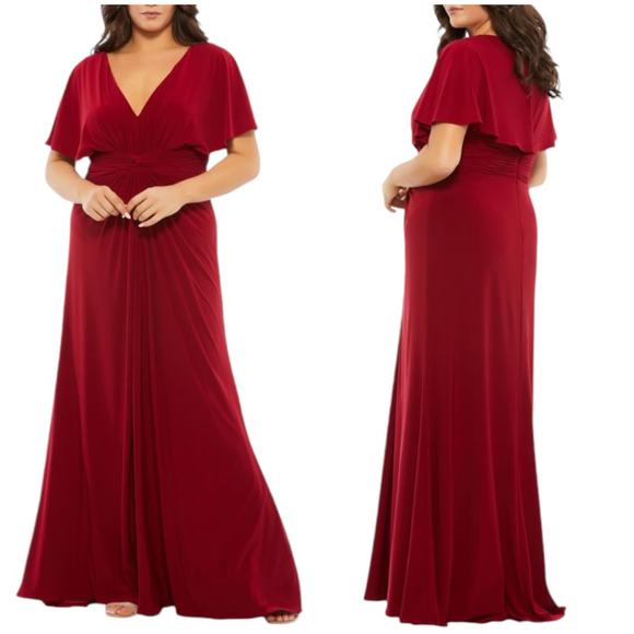 Mac Duggal NWT Fabulouss V-neck Pleated Twisted Waist Gown Cape Sleeve Size 16W - Picture 1 of 9